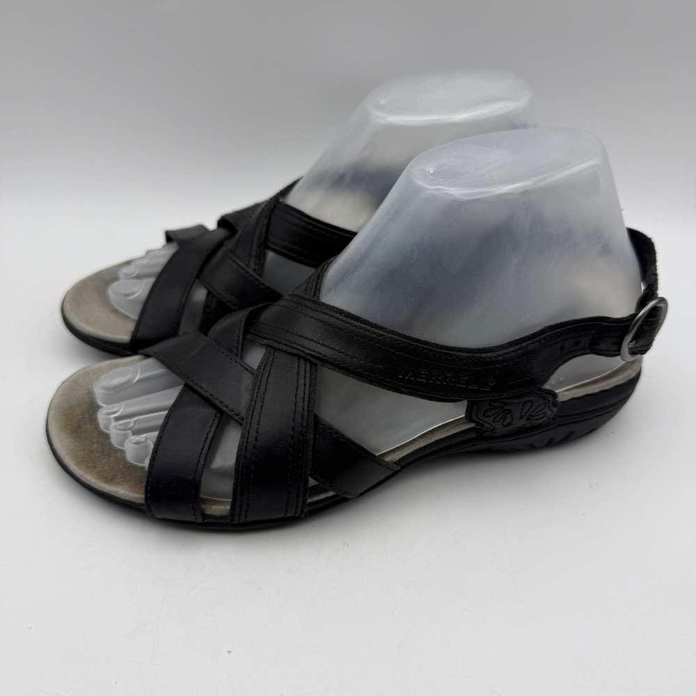 Merrell Strappy Sandals Women 7 Black Leather Slingback Comfort Walking Shoes